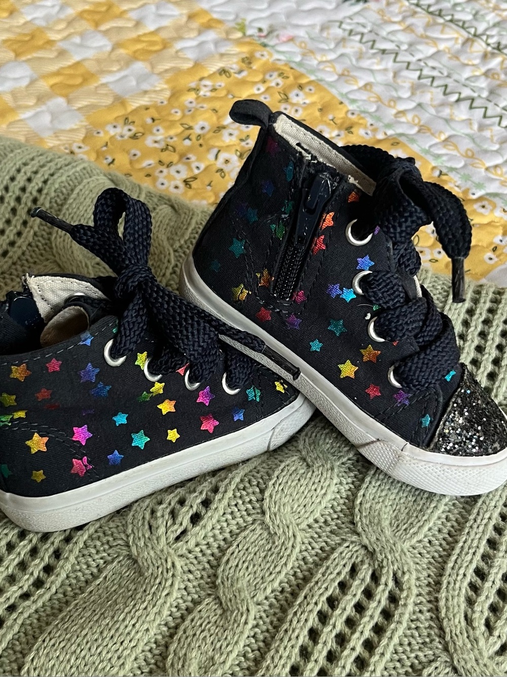 Cat & Jack Black High-Top Sneakers with Rainbow Metallic Stars and Glitter Toes